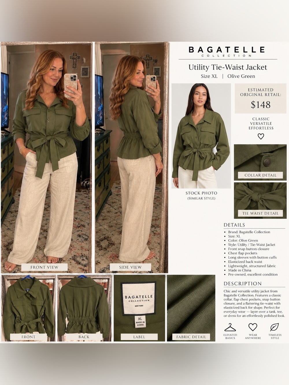 bagatelle Olive Green Tie-Waist Button-Down Jacket